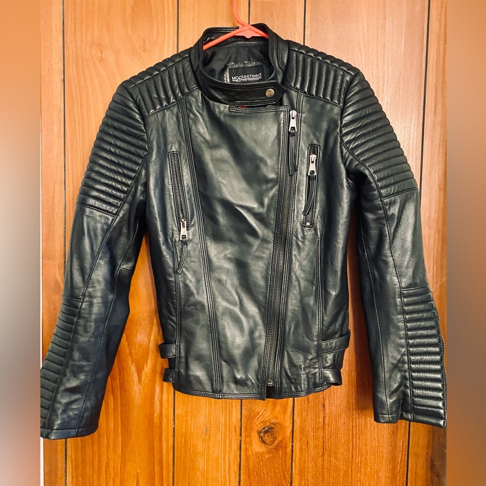 Maplesteed Women’s Genuine Black Sheepskin Leather Moto Biker Jacket Slim Fit - Picture 2 of 9